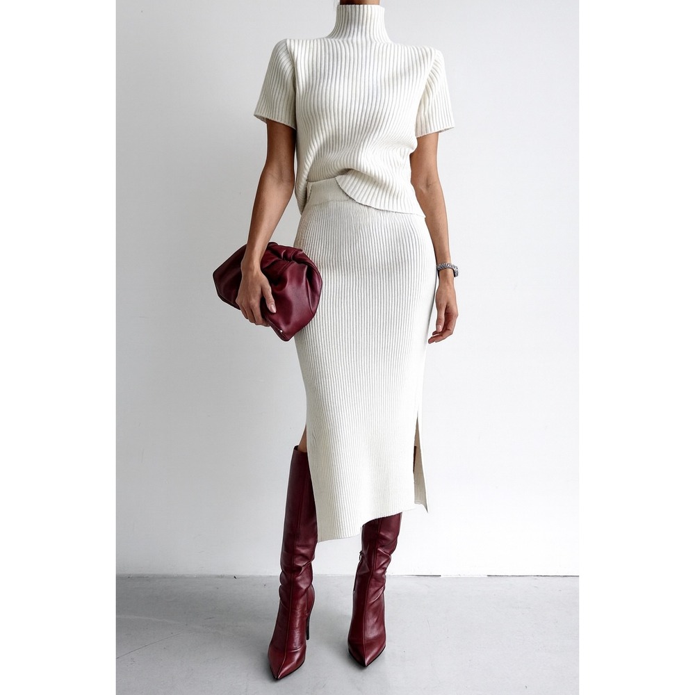 Commense Solid High‎ Neck Split Ribbed Knit Two P… - image 2